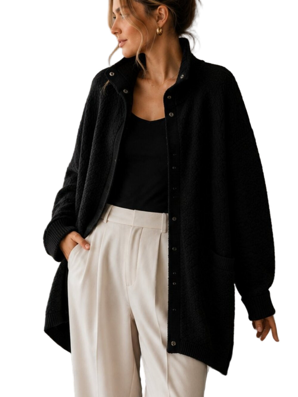 Duffy Black Angora Wool Blend Cardigan Sweater M Textured Knit Snap Front